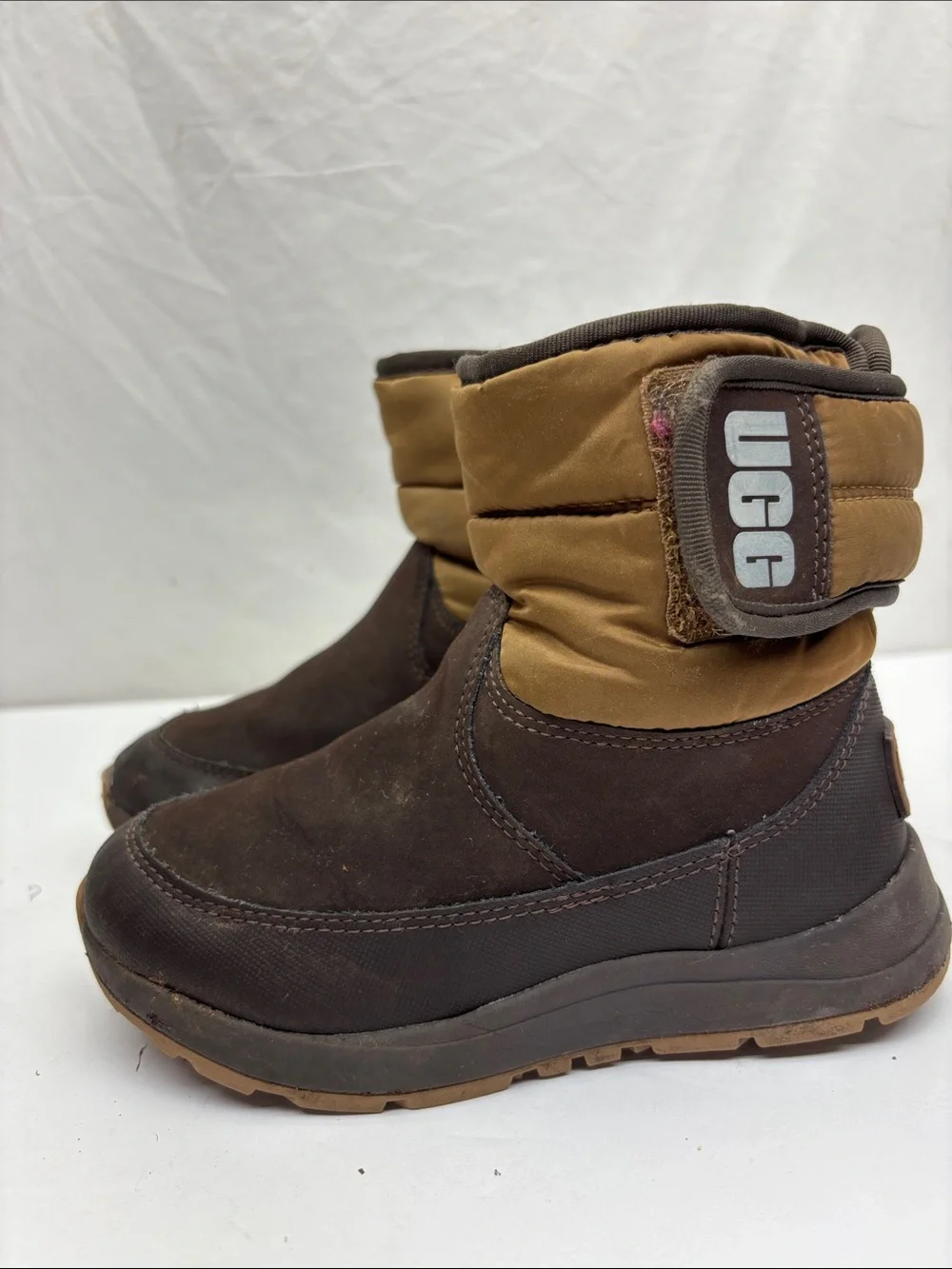 UGG Kids Brown and Tan Winter Booties, size 11 for toddler boy, box 74